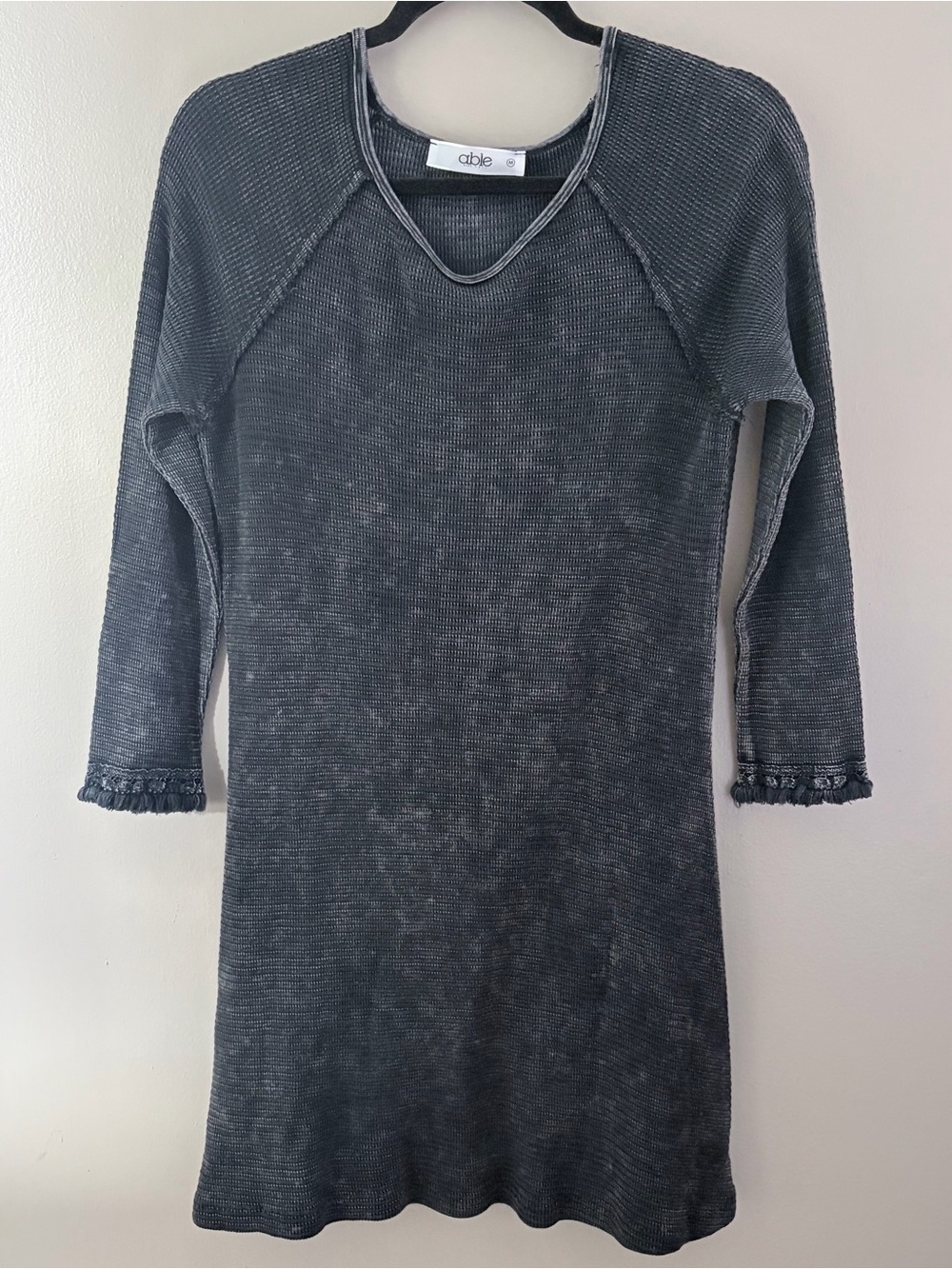 Able Distressed Ballet Dress Medium Black Acid Wash Fringe Cuffs USA Made